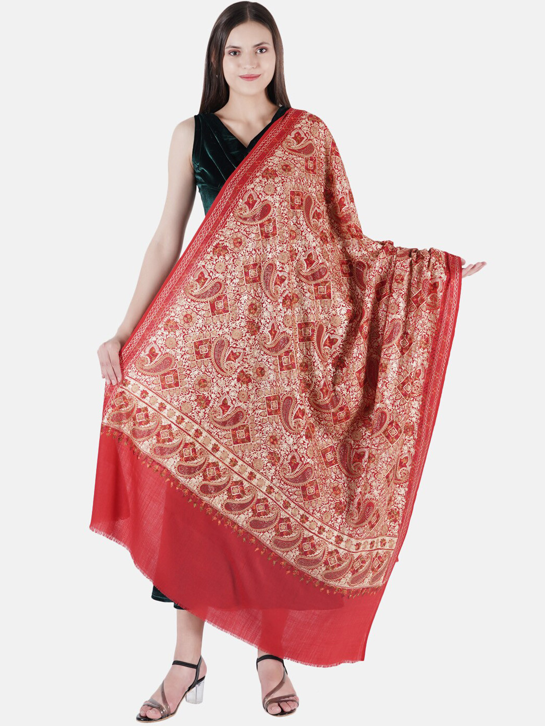 

MUFFLY Women Maroon Embroidery Pure Woolen Shawl