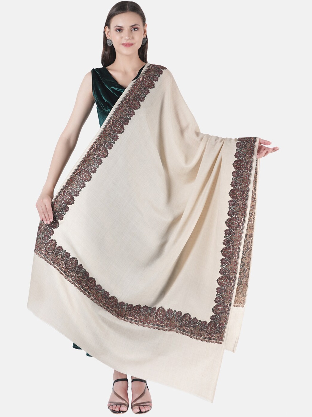 

MUFFLY Women Off White & Brown Embroidered Shawl