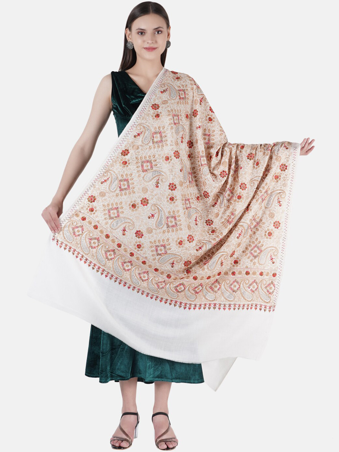 

MUFFLY Women White Nalki Embroidery Pashmina Woolen Shawl