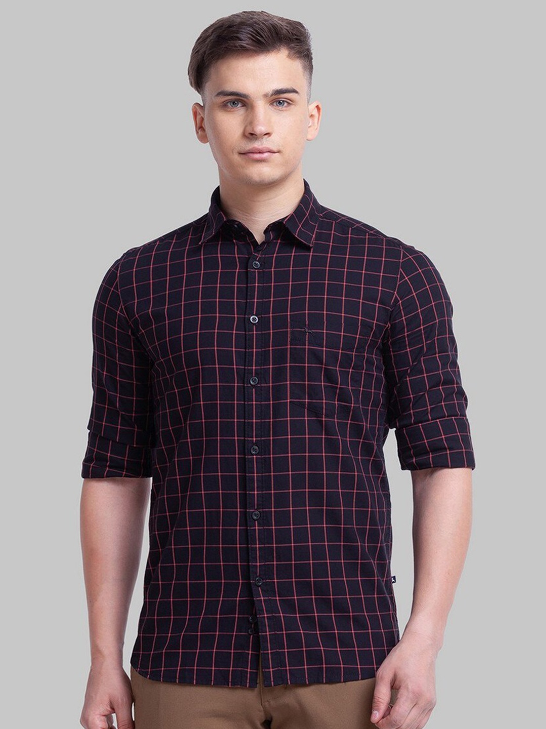 

Parx Men Black Slim Fit Grid Tattersall Checks Checked Casual Shirt