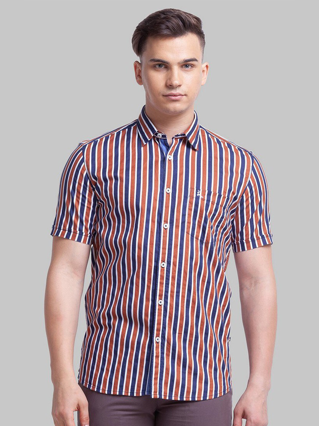 

Parx Plus Size Men Rust Slim Fit Striped Casual Shirt
