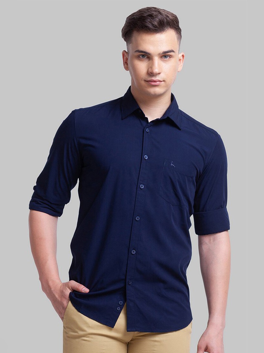 

Parx Men Blue Slim Fit Roll Up Sleeves Spread Collar Casual Shirt