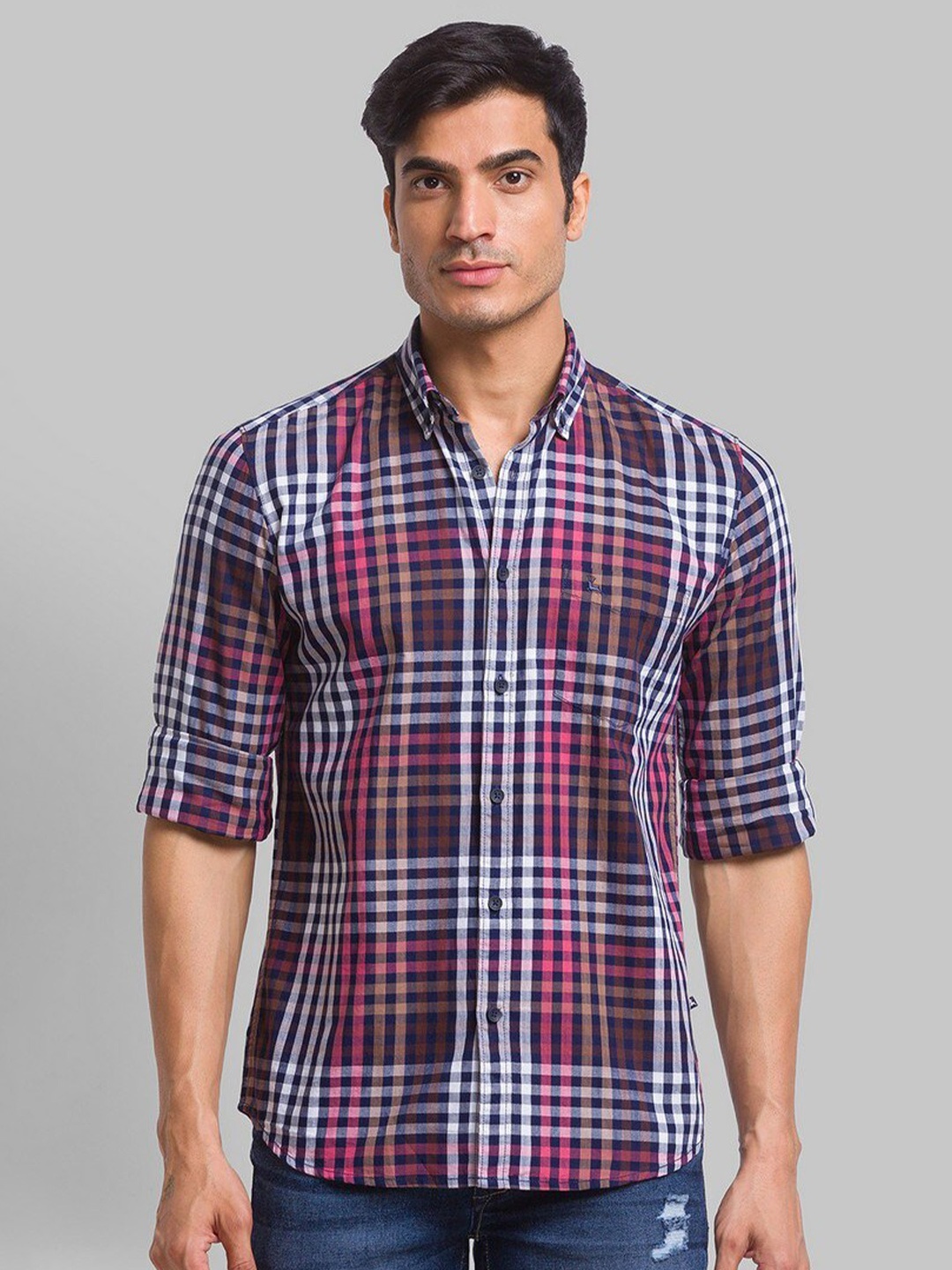 

Parx Men Red Pure Cotton Checked Roll Up Sleeves Spread Collar Casual Shirt