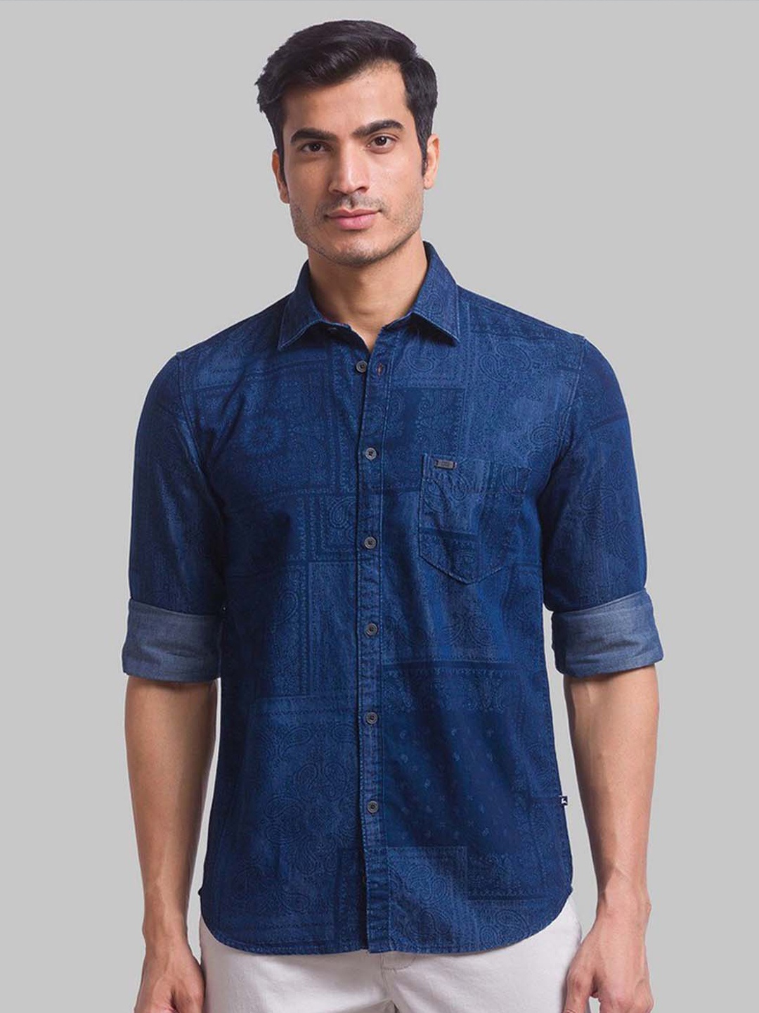 

Parx Men Slim Fit Printed Pure Cotton Casual Shirt, Blue