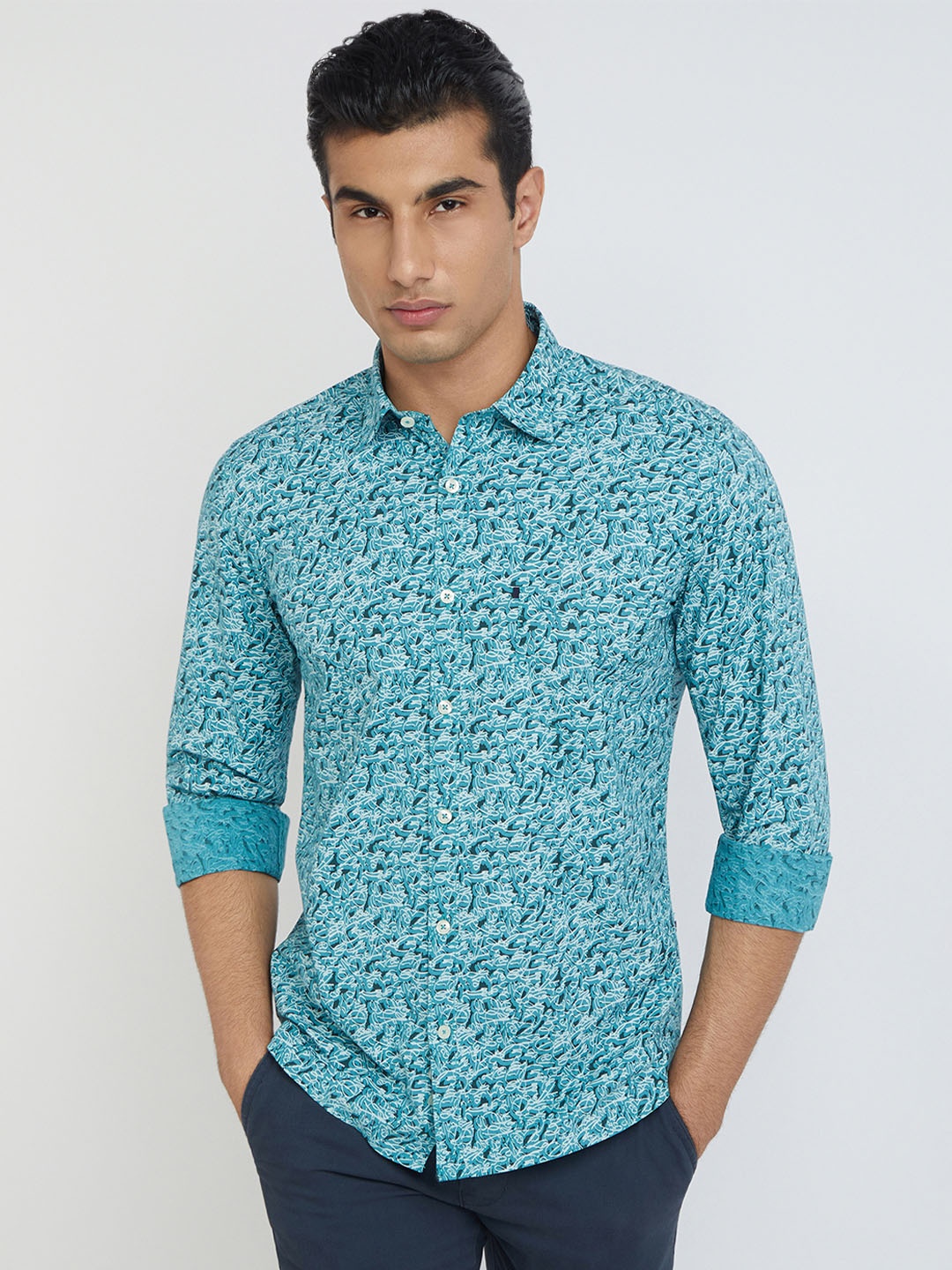 

Parx Men Slim Fit Printed Pure Cotton Casual Shirt, Blue