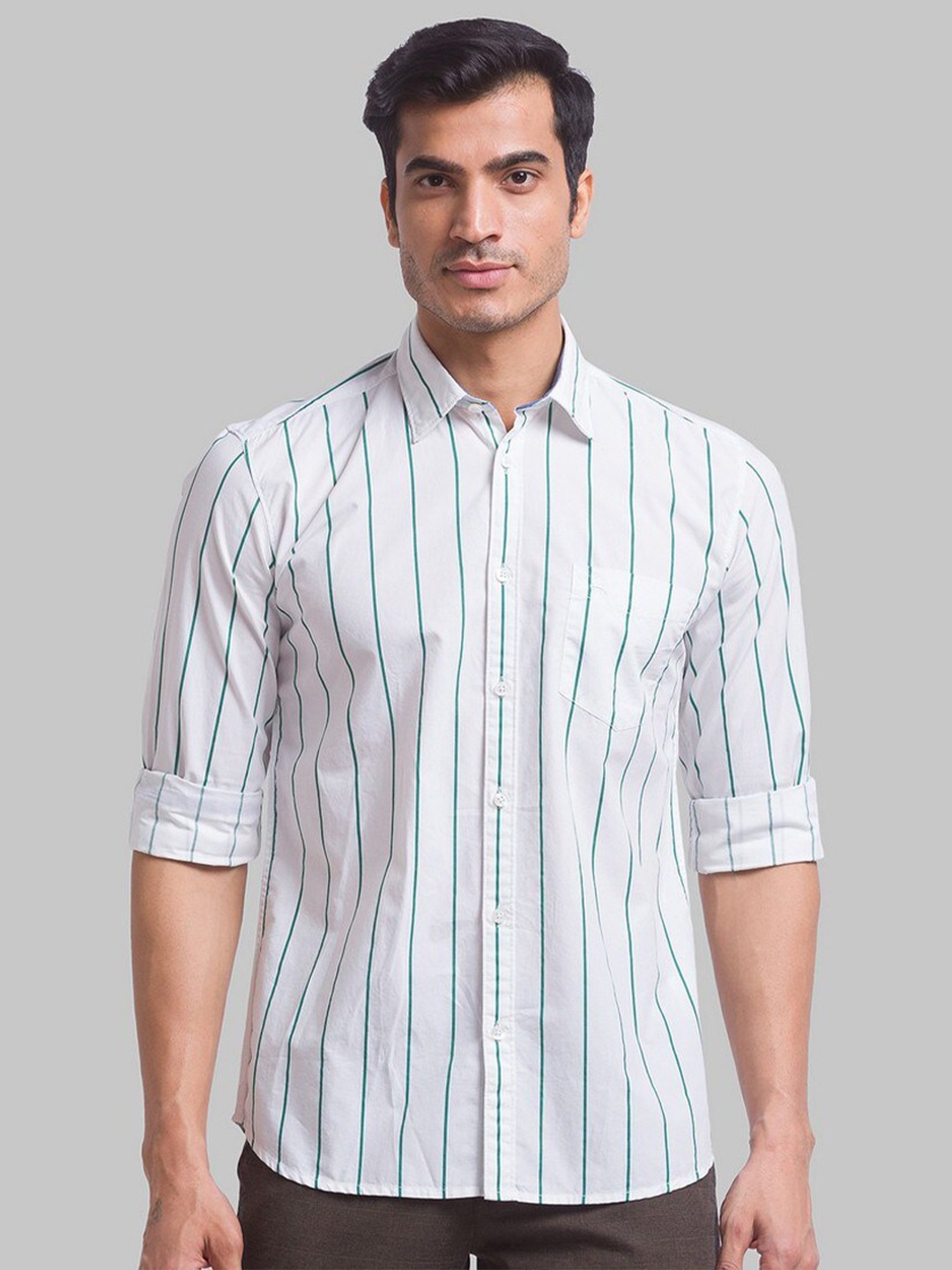 

Parx Men Slim Fit Striped Pure Cotton Casual Shirt, Green