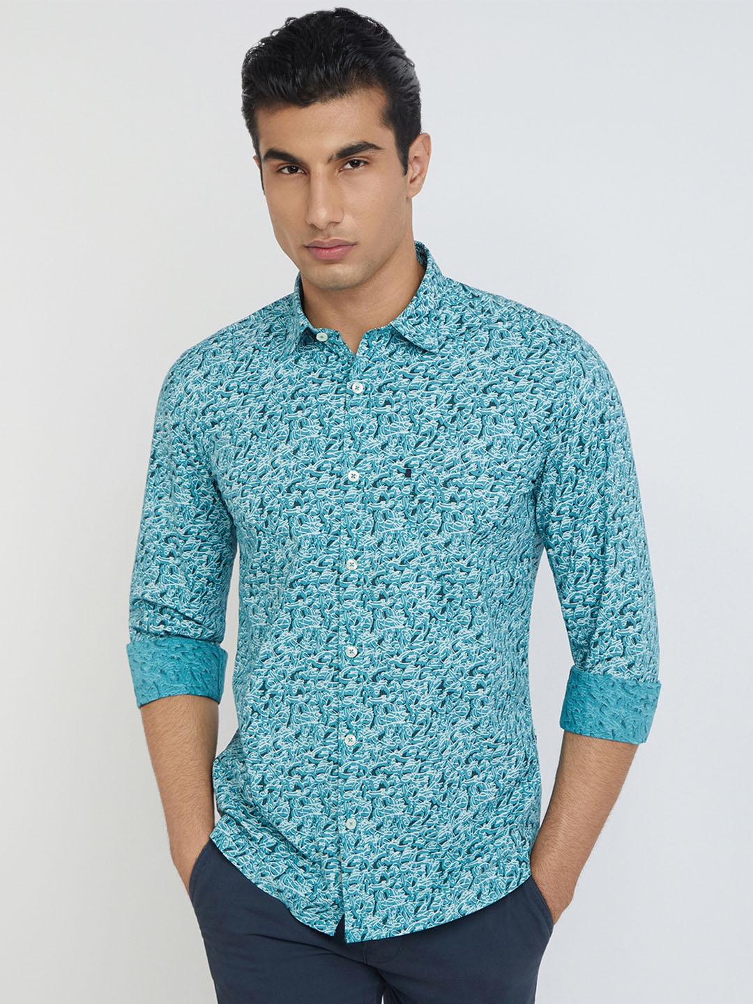 

Parx Men Slim Fit Printed Pure Cotton Casual Shirt, Blue