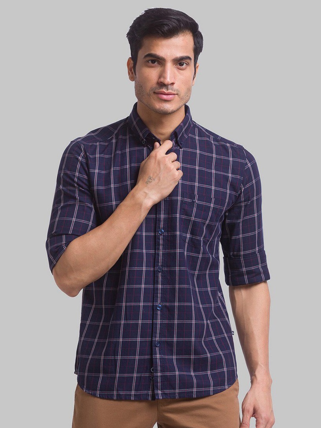 

Parx Men Blue Slim Fit Windowpane Checks Checked Casual Shirt