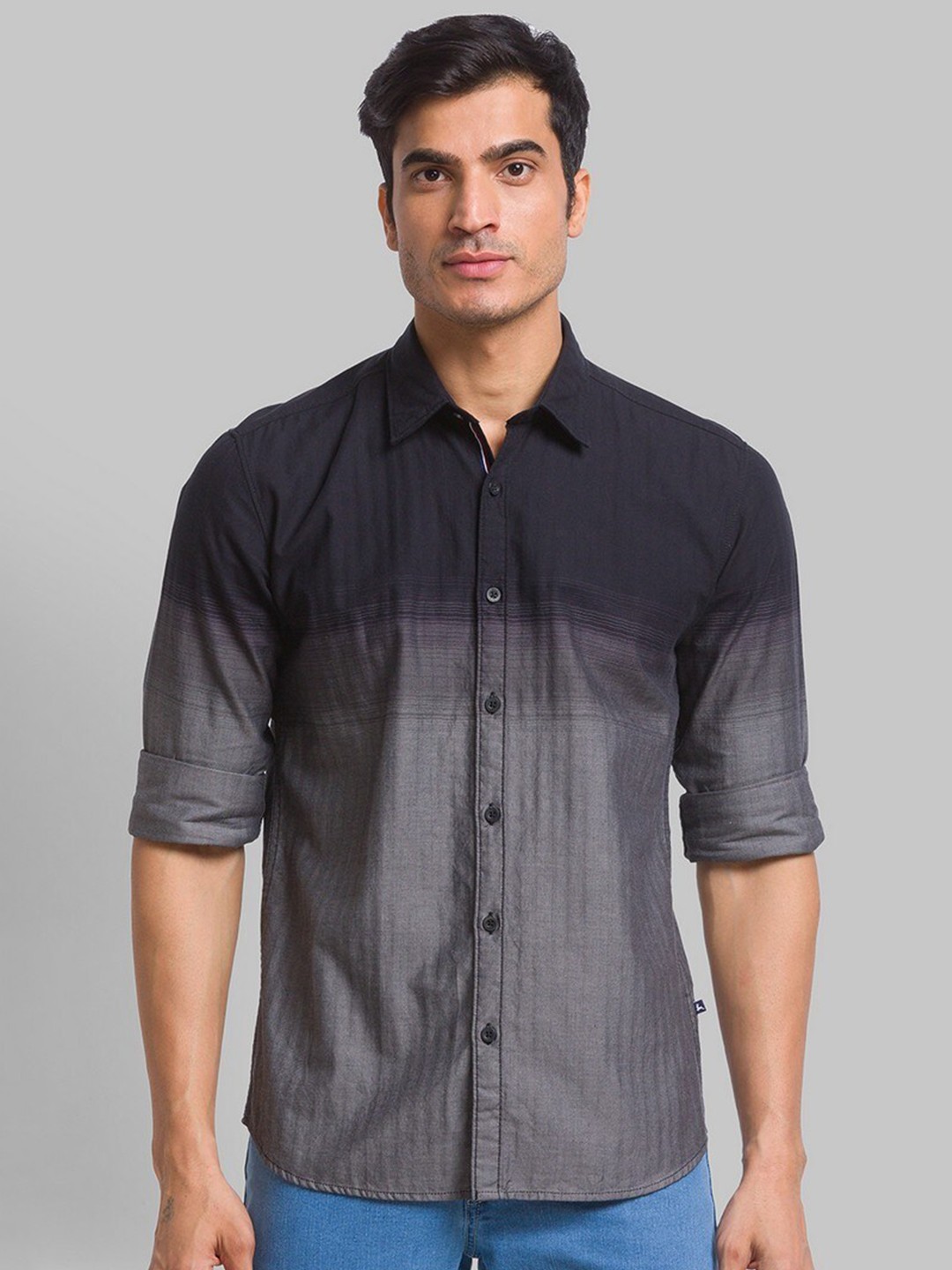 

Parx Men Grey Slim Fit Pure Cotton Horizontal Stripes Roll Up Sleeves Shirt