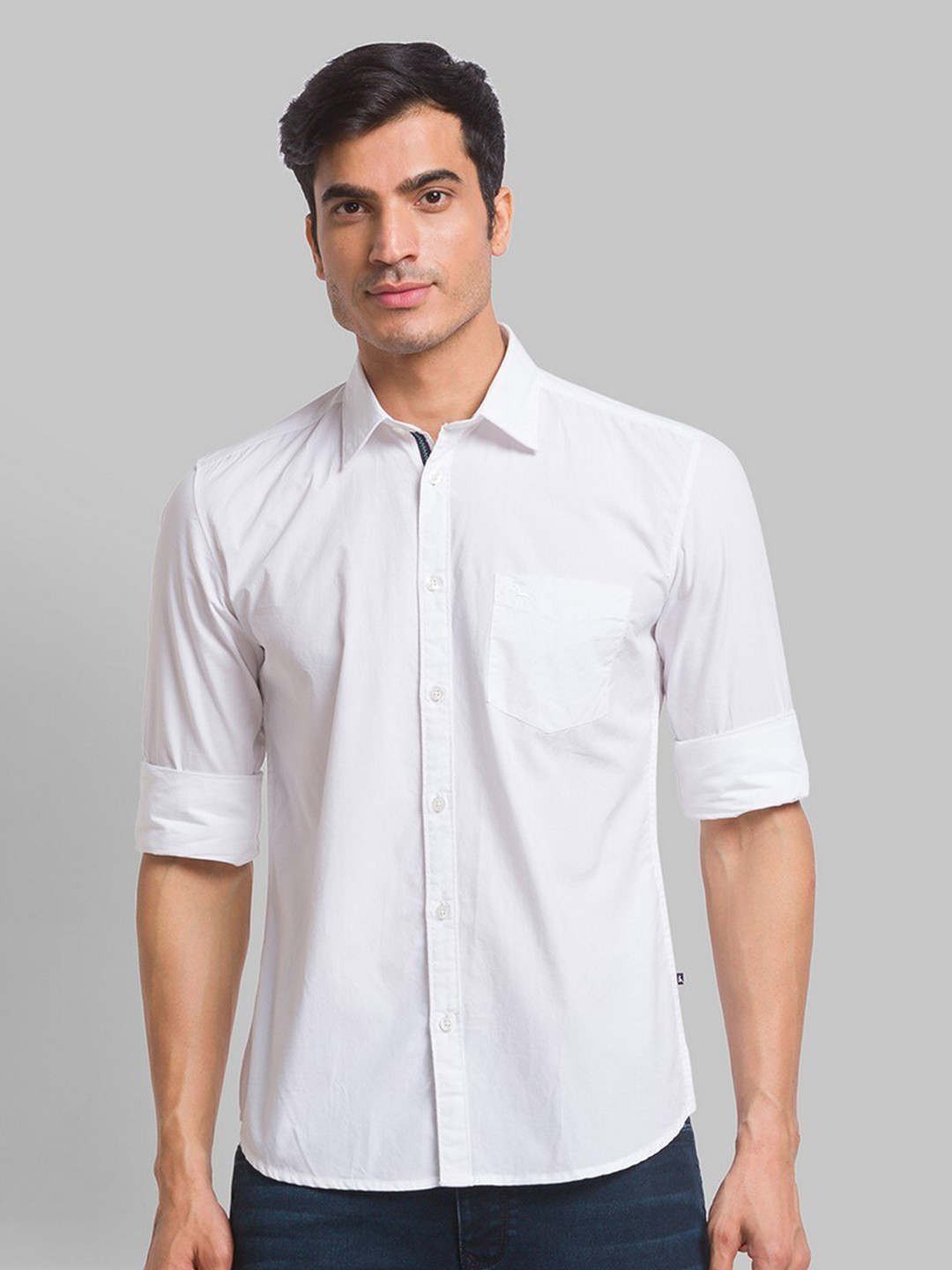 

Parx Men White Pure Cotton Slim Fit Roll Up Sleeves Spread Collar Casual Shirt