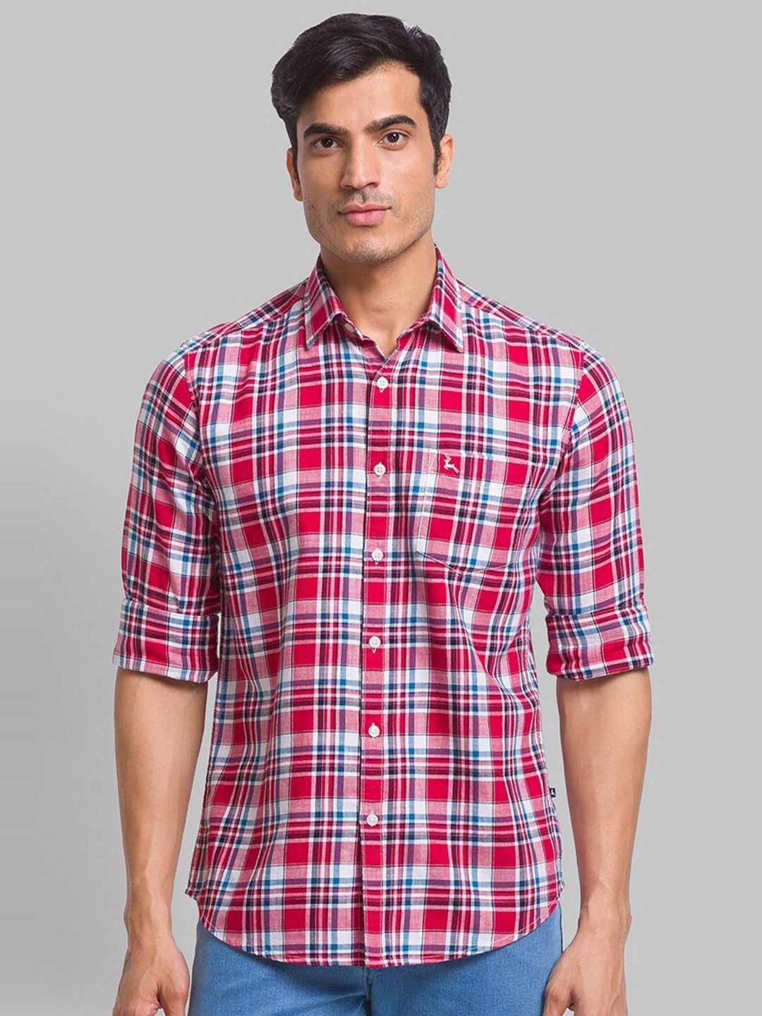 

Parx Men Red Pure Cotton Tartan Checks Spread Collar Roll Up Sleeves Casual Shirt