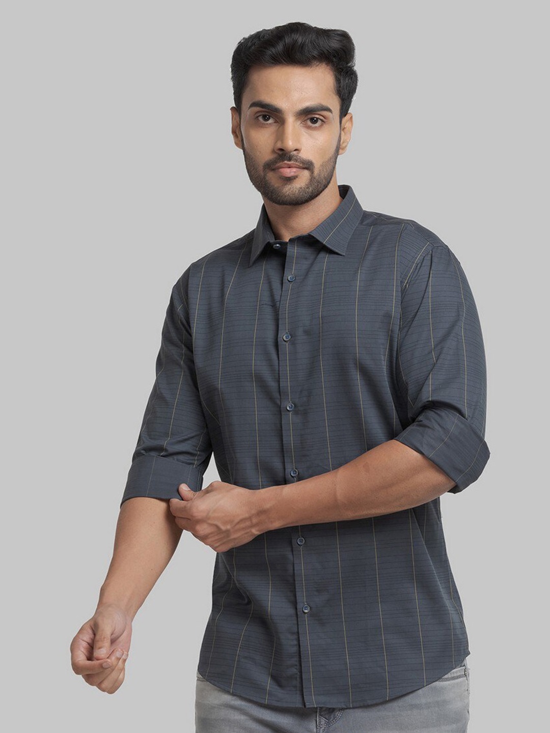 

Park Avenue Men Grey Slim Fit Multi Stripes Striped Organic Cotton Casual Shirt