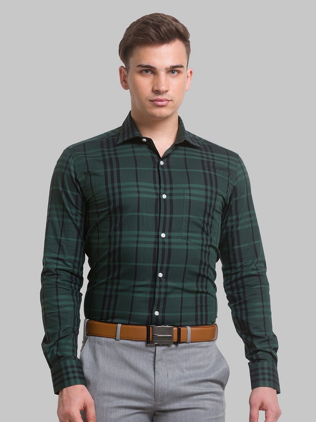 

Park Avenue Men Green Slim Fit Tartan Checks Checked Formal Shirt