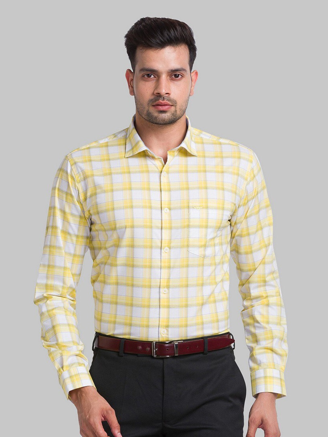 

Park Avenue Men Yellow Slim Fit Checked Formal Shirt