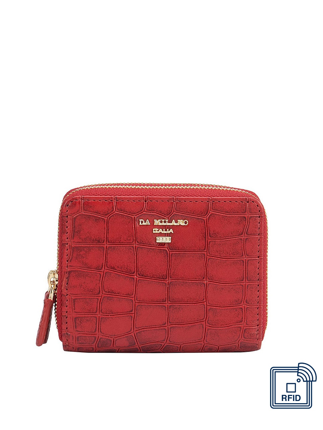 

Da Milano Women Textured Zip Detail Leather Zip Around Wallet, Red
