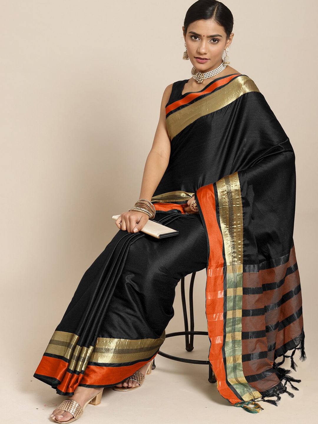 

Saree mall Black & Orange Woven Design Zari Silk Blend Uppada Sarees