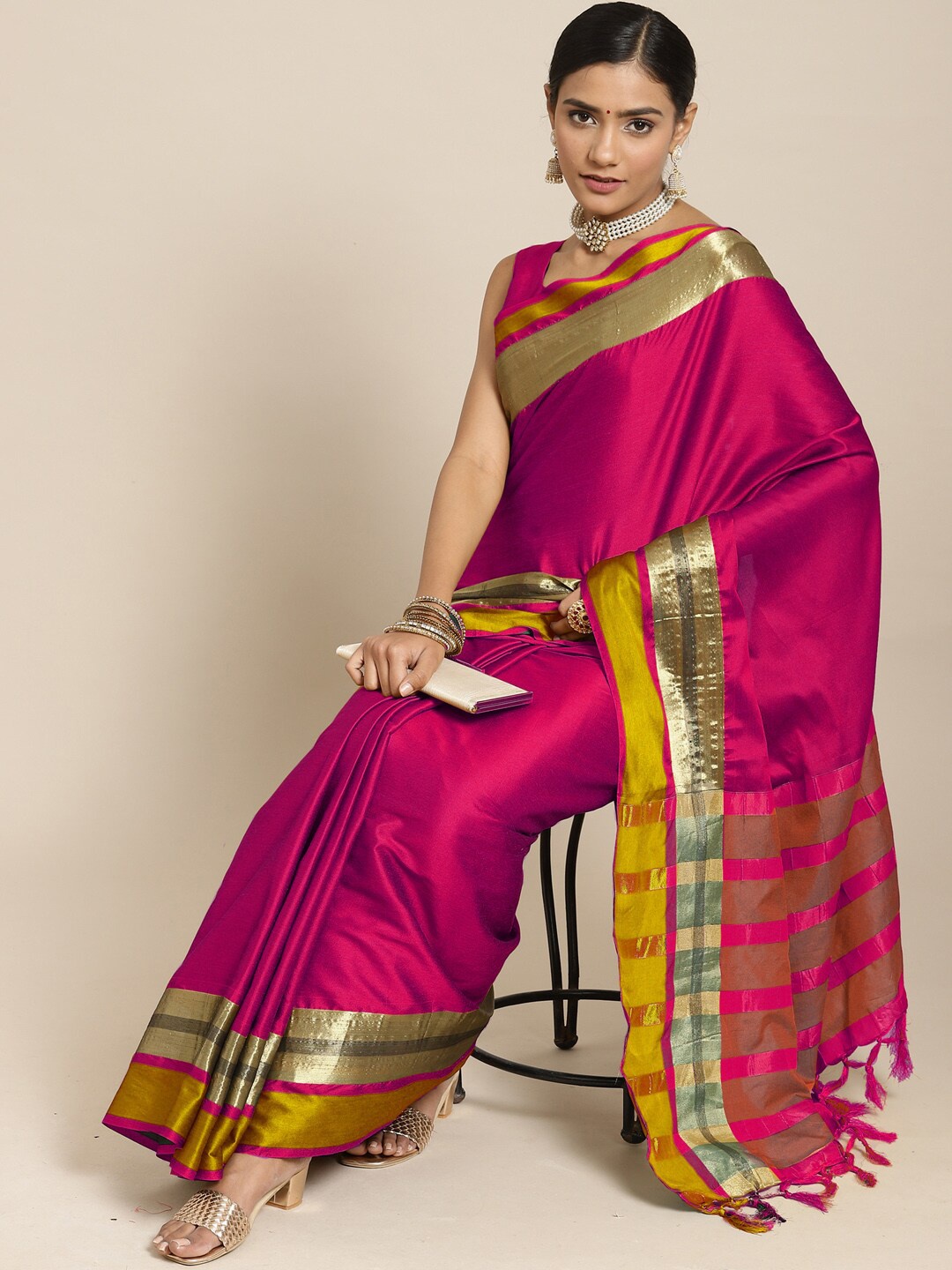 

Saree mall Pink & Gold-Toned Zari Silk Blend Uppada Sarees