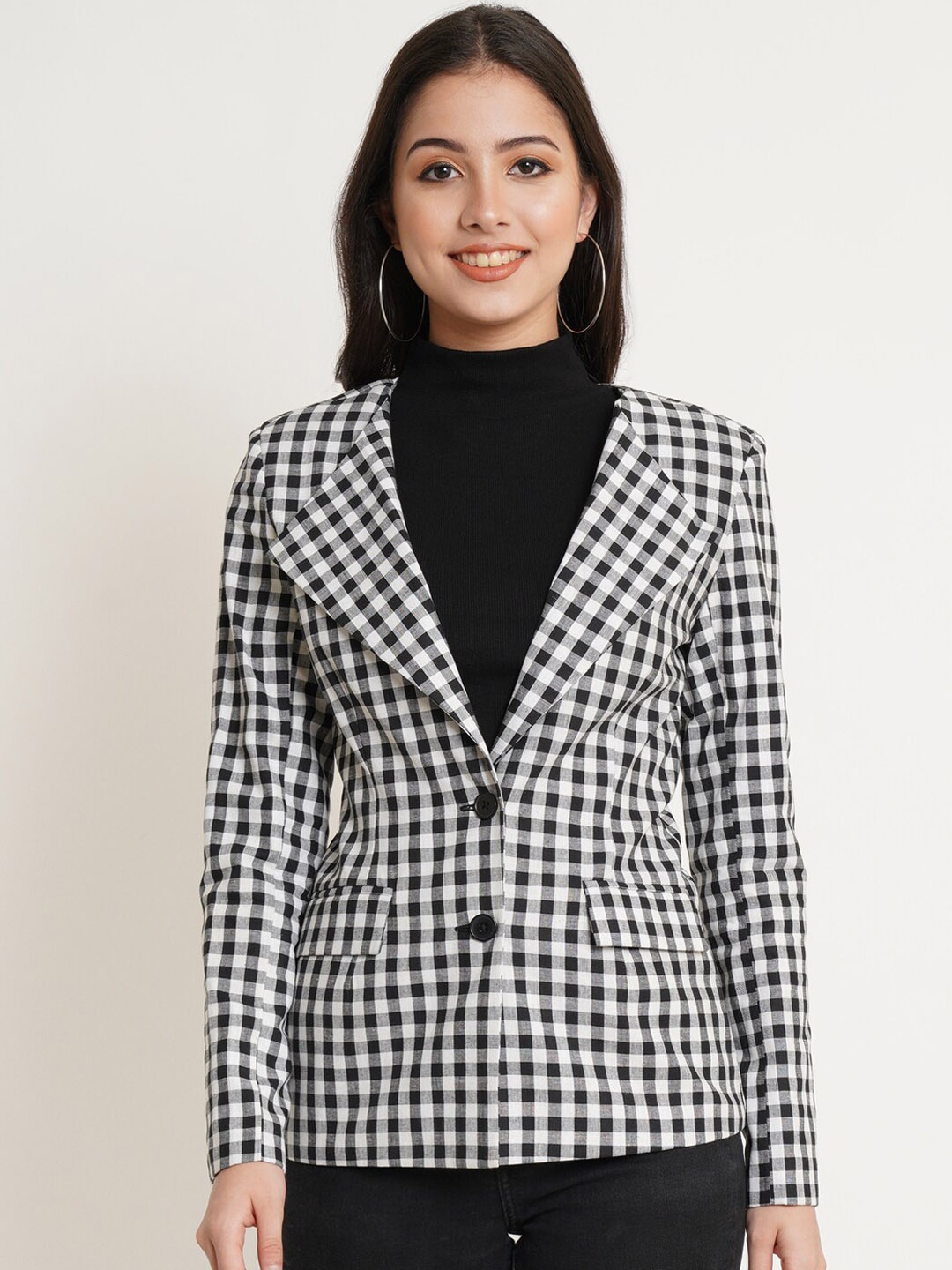 

Purple State Women Black & White Checked Single-Breasted Casual Blazer