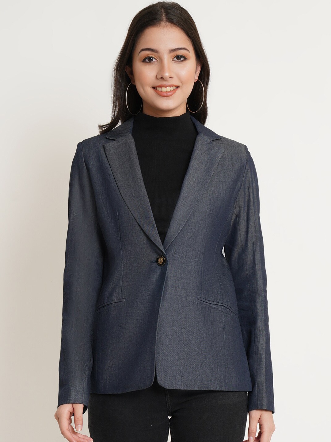 

Purple State Women Blue Solid Single-Breasted Formal Blazer