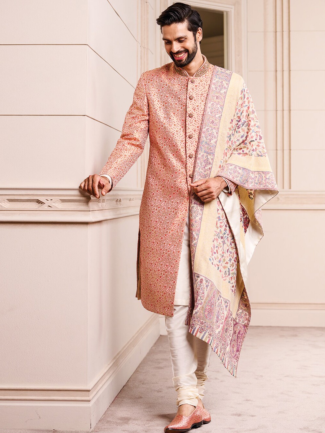 

Tasva Men Orange Printed & Embroidered Detail Meena Brocade Sherwani Set