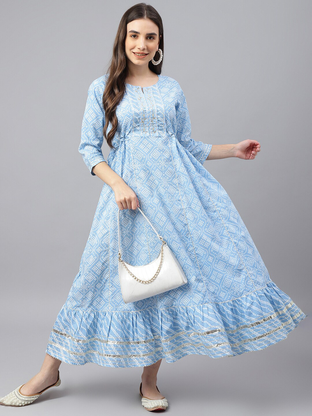 

EtnicaWear Women Blue Ethnic Motifs Printed Keyhole Neck Thread Work Anarkali Kurta