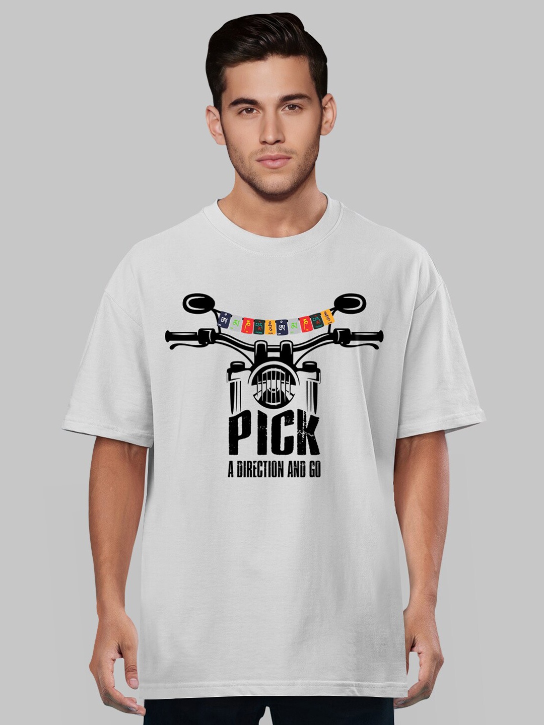 Pootlu Men White Biker Printed Oversized Cotton T-shirt