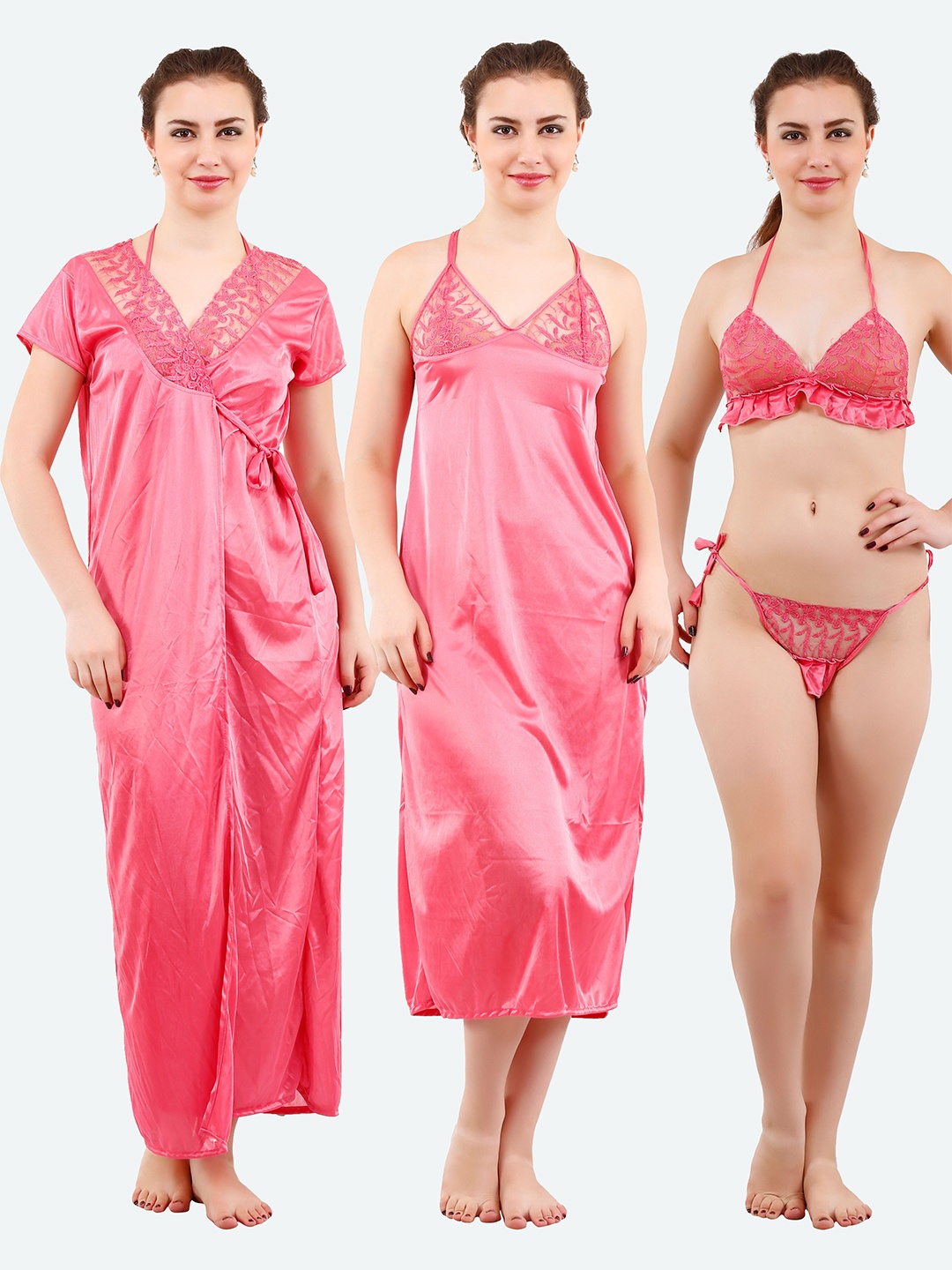 Romaisa Women Coral Solid Lace Detail 4 Piece Satin Maxi Wrap Nightdress