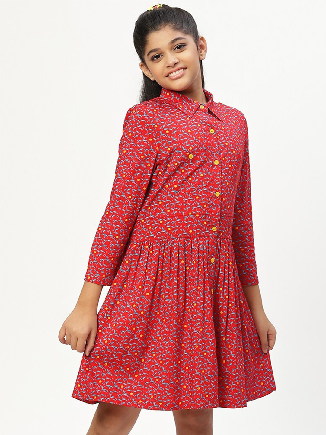 

CACA CINA Girls Red & Blue Floral Printed Shirt Style Long Sleeves Dress