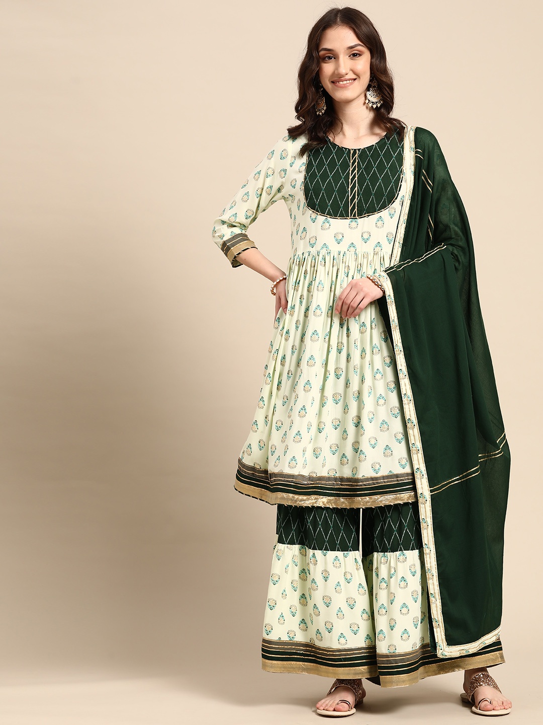 

Sangria Women Ethnic Motifs Printed Gotta Patti Kurta with Sharara & Dupatta, Olive