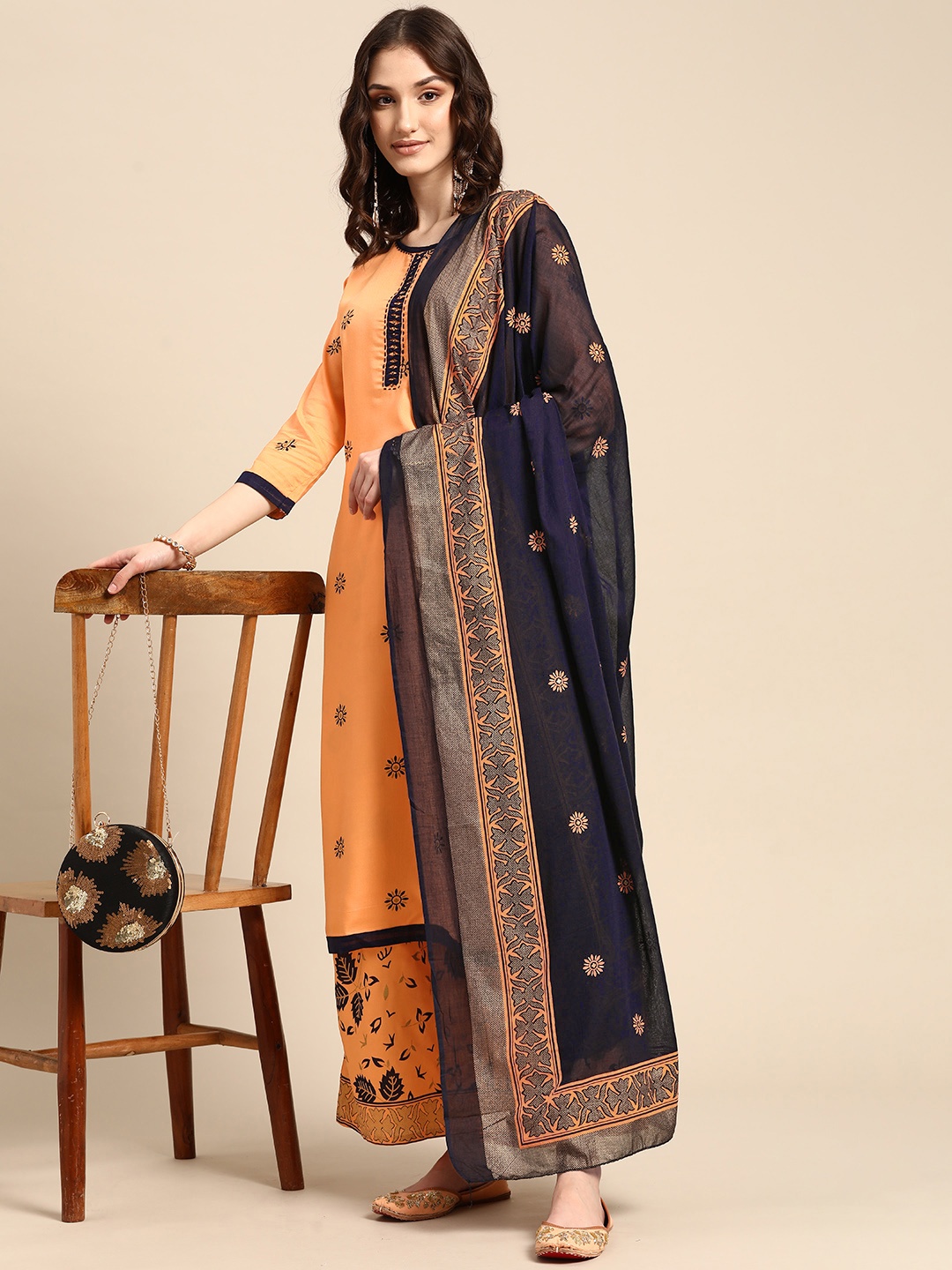 

Sangria Women Peach Printed Kurta Palazzos With Dupatta Set