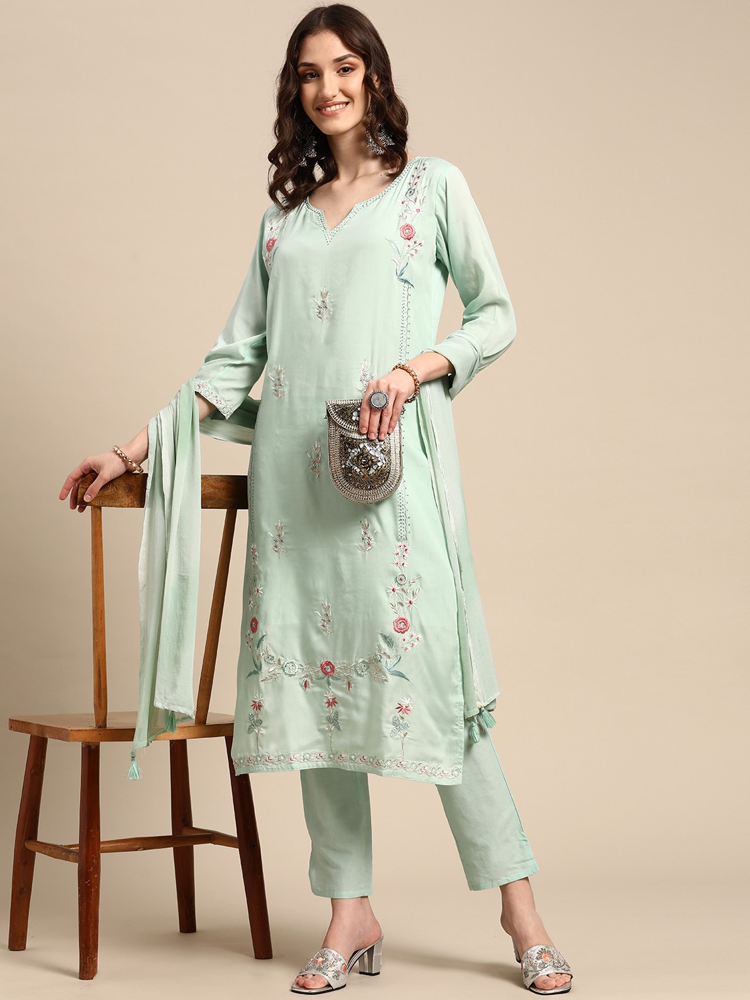 

Sangria Women Green Floral Embroidered Straight Kurta With Trouser And Dupatta Set