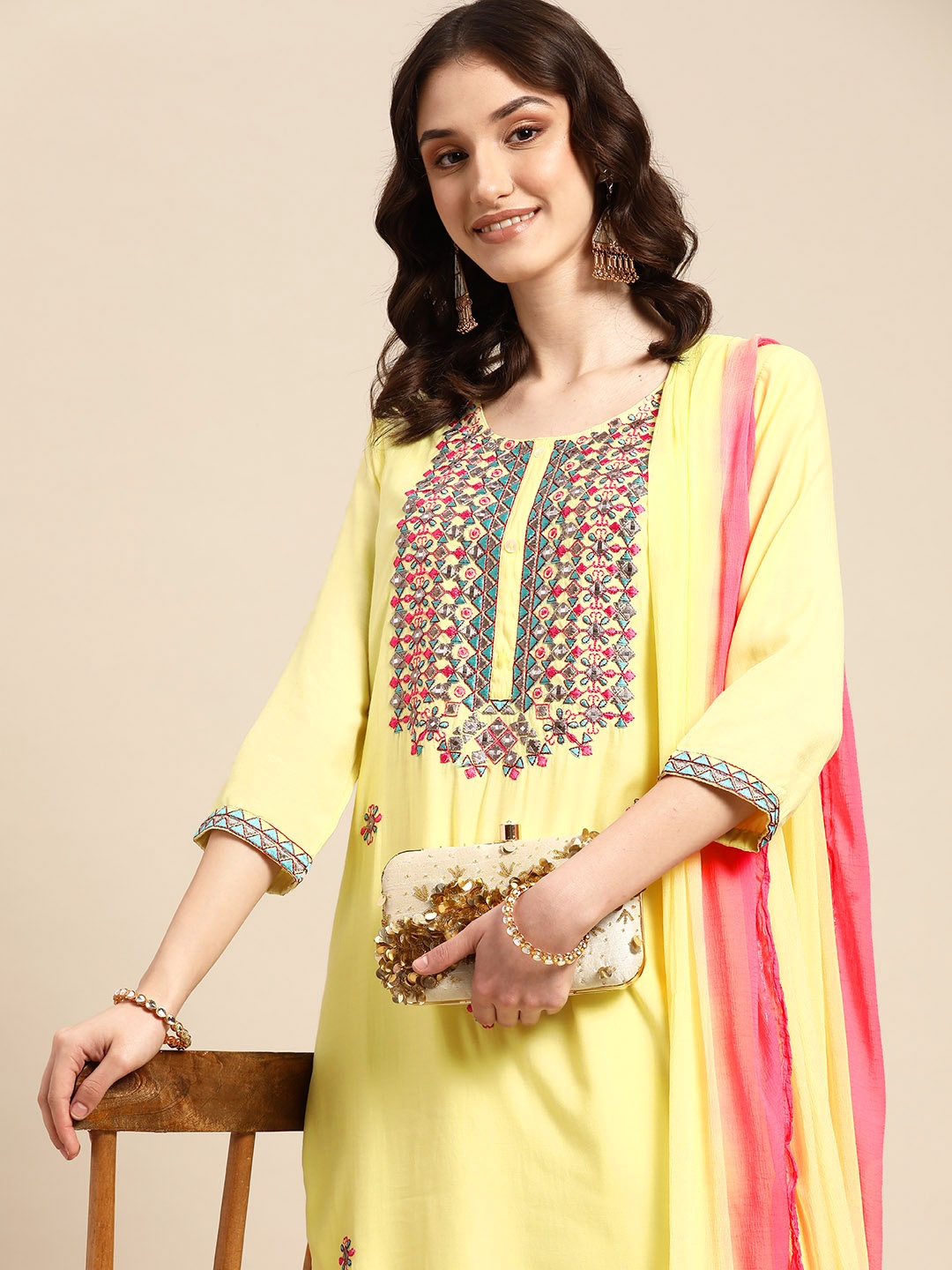 

Sangria Women Ethnic Motifs Embroidered Kurta With Trousers & Dupatta, Yellow