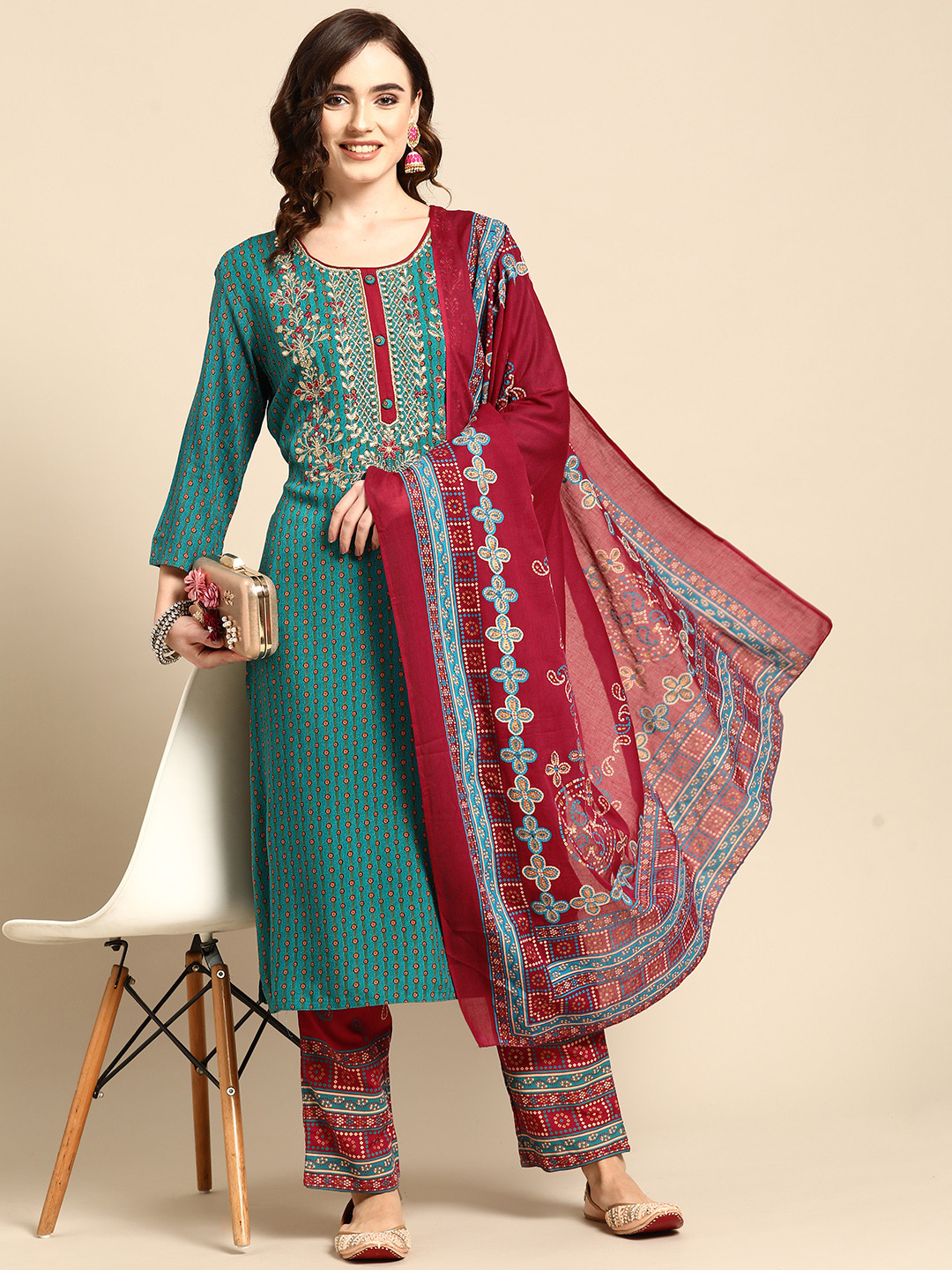 

Sangria Women Teal Green & Red Embroidered Kurta Set With Dupatta