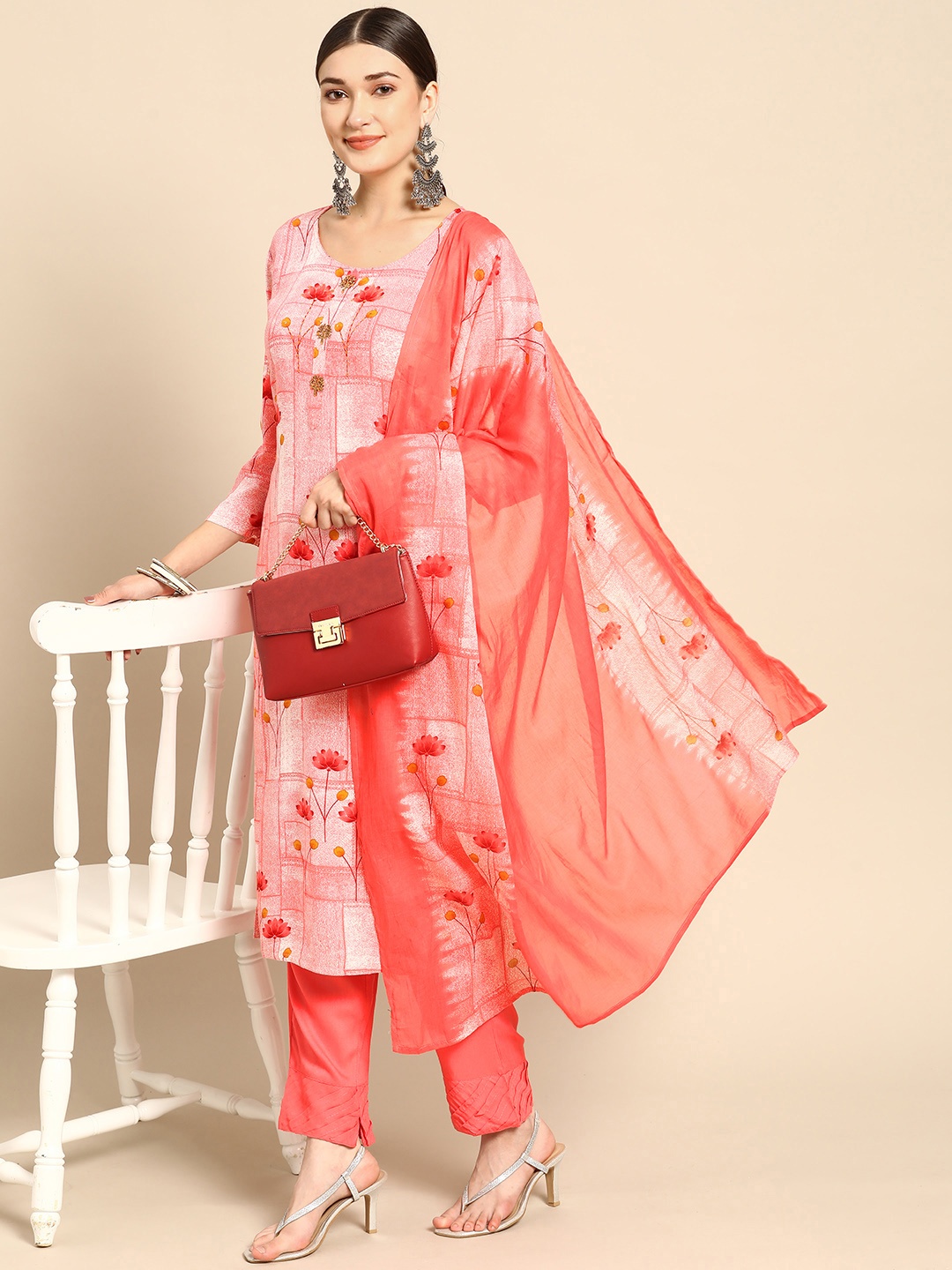 

Sangria Women Pink & White Floral Embroidered Kurta with Palazzos & Dupatta