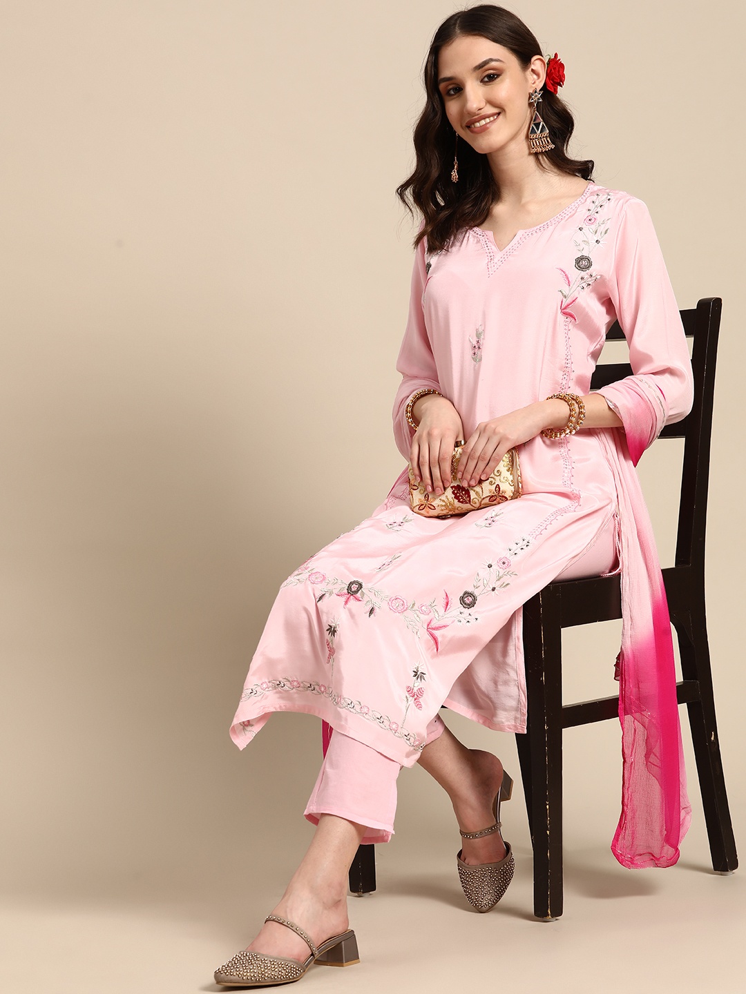 

Sangria Women Pink Embroidered Sequinned Kurta with Trousers & Dupatta