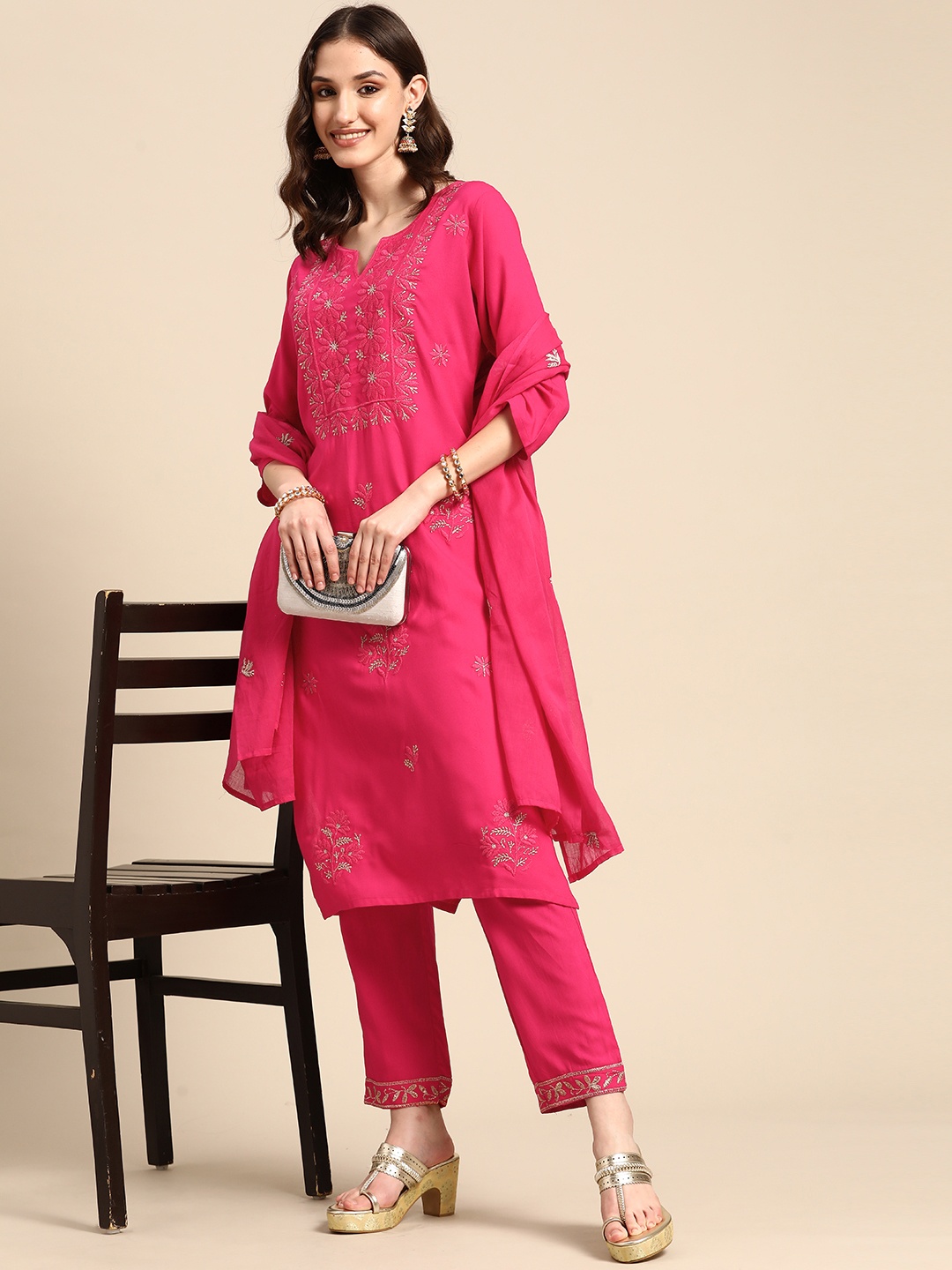 

Sangria Women Pink Floral Embroidered Pure Cotton Kurta with Trousers & Dupatta
