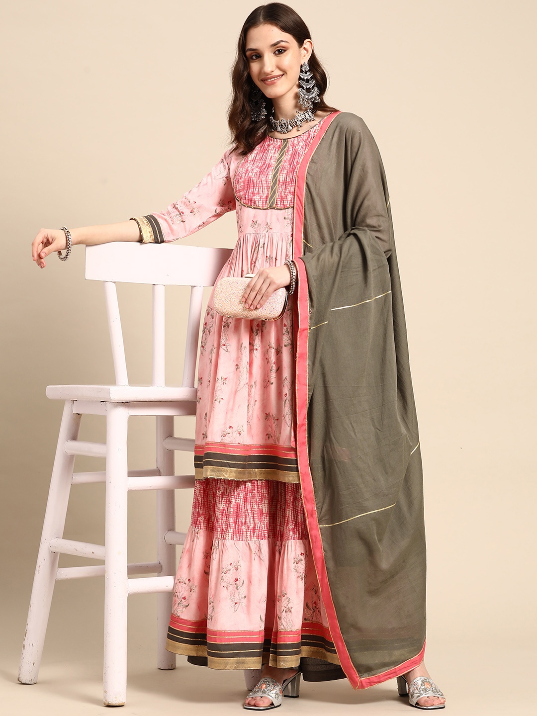 

Sangria Women Pink Floral Printed Pleated Kurta with Sharara & Dupatta