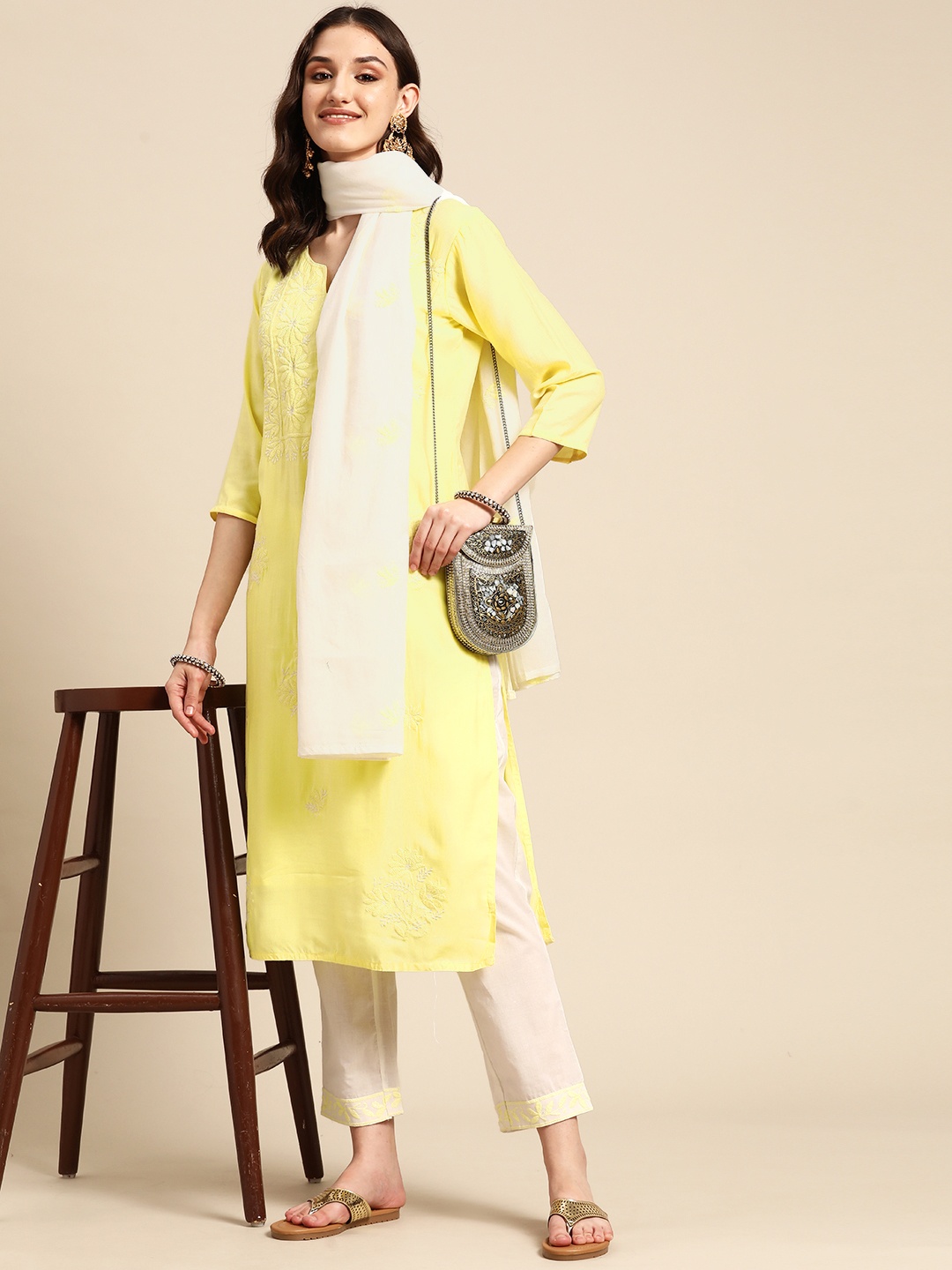 

Sangria Women Yellow Embroidered Pure Cotton Kurta with Trousers & Dupatta