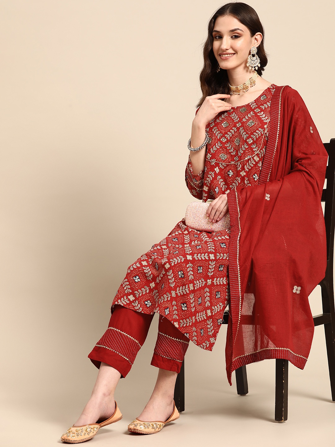 

Sangria Women Red Floral Printed Mirror Work Kurta with Trousers & Dupatta