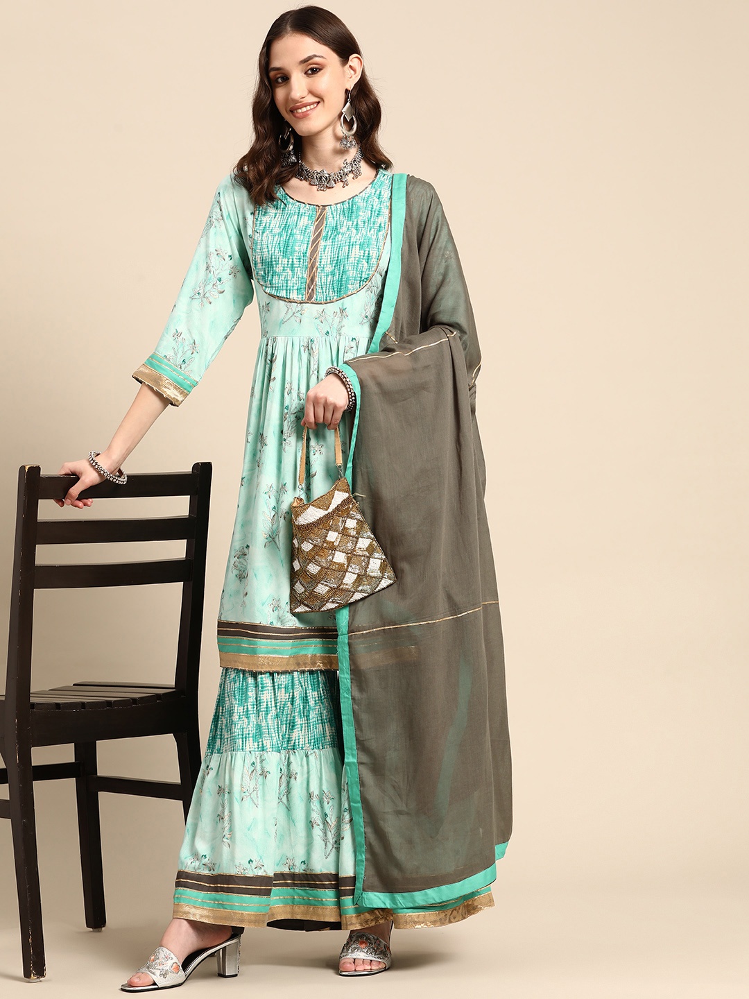 

Sangria Women Sea Green Floral Printed Pleated Kurta with Sharara & Dupatta