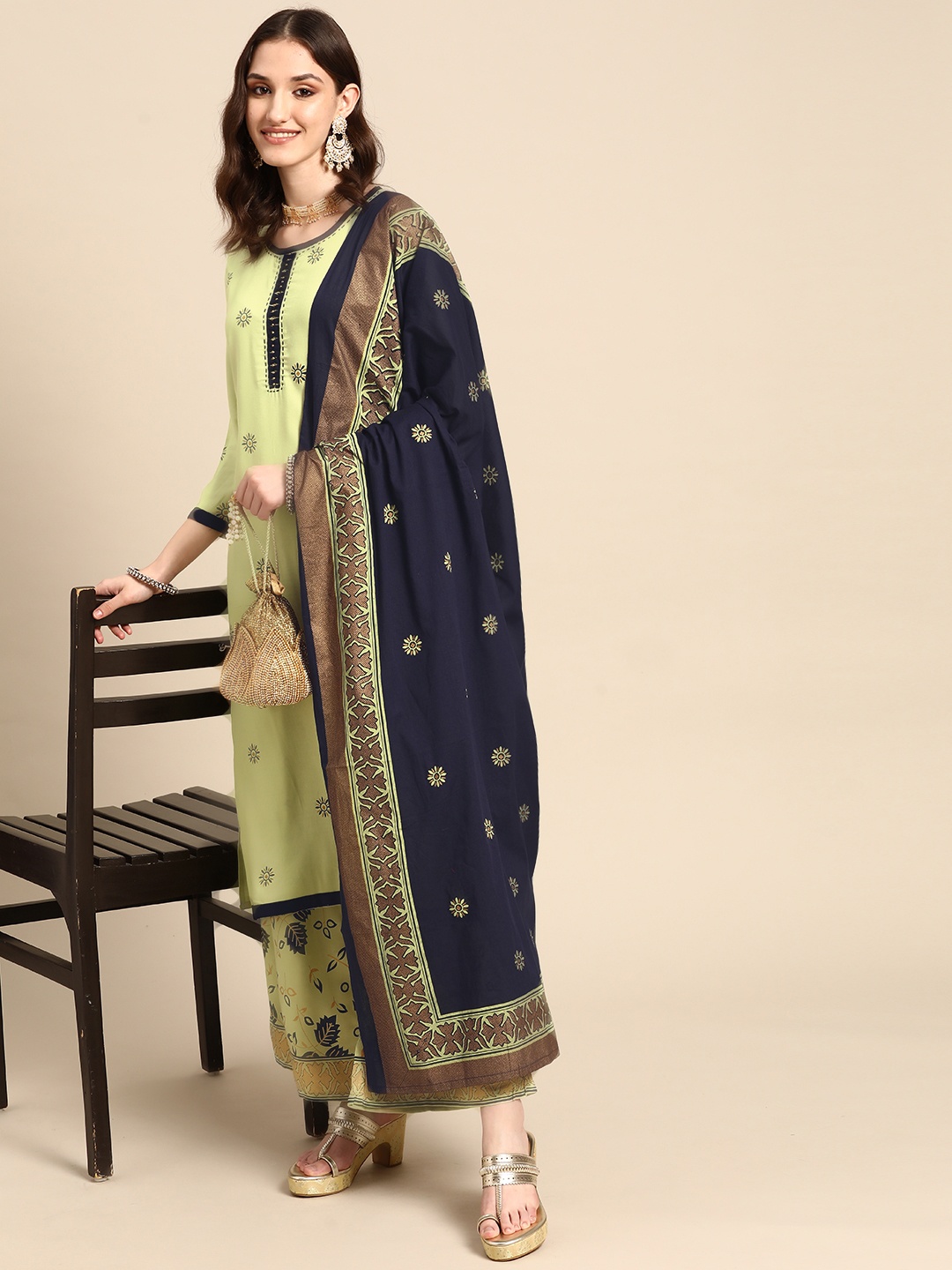 

Sangria Women Lime Green Ethnic Motifs Printed Kurta with Palazzos & Dupatta