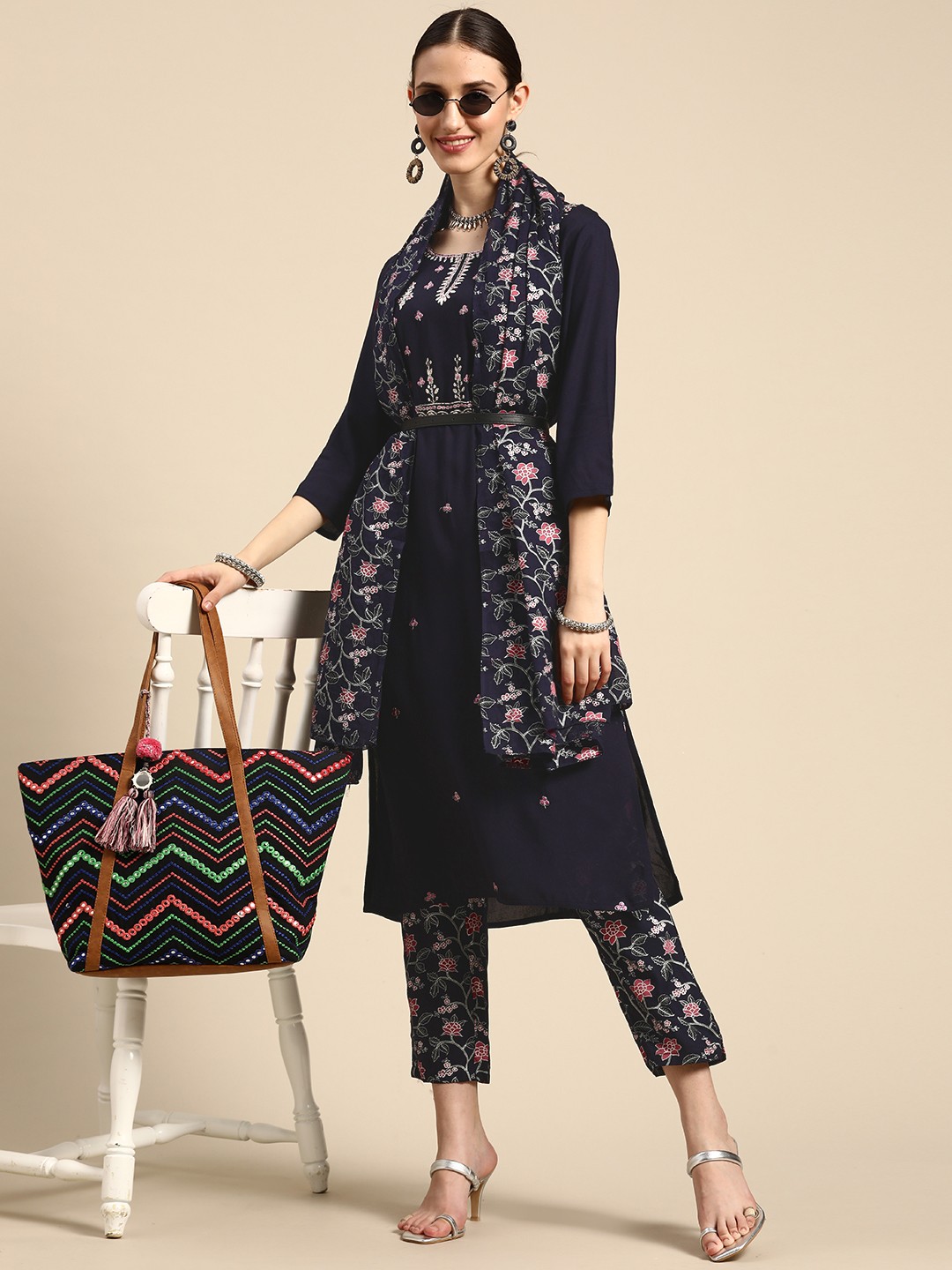 

Sangria Women Ethnic Motifs Embroidered Kurta with Trousers & With Dupatta, Navy blue
