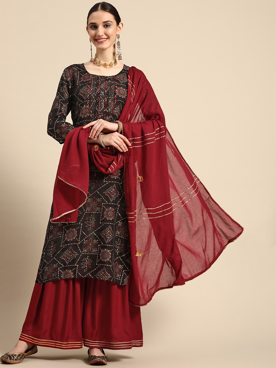 

Sangria Women Embroidered Straight Kurta with Sharara & With Dupatta, Black