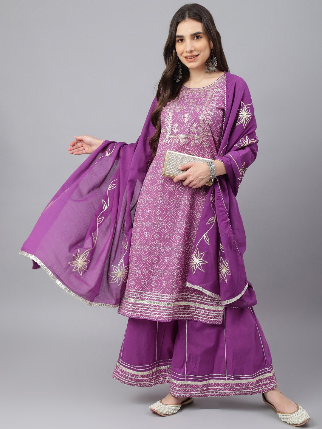 

EtnicaWear Women Bandhani Printed Thread Work Pure Cotton Kurta with Palazzos & Dupatta, Purple