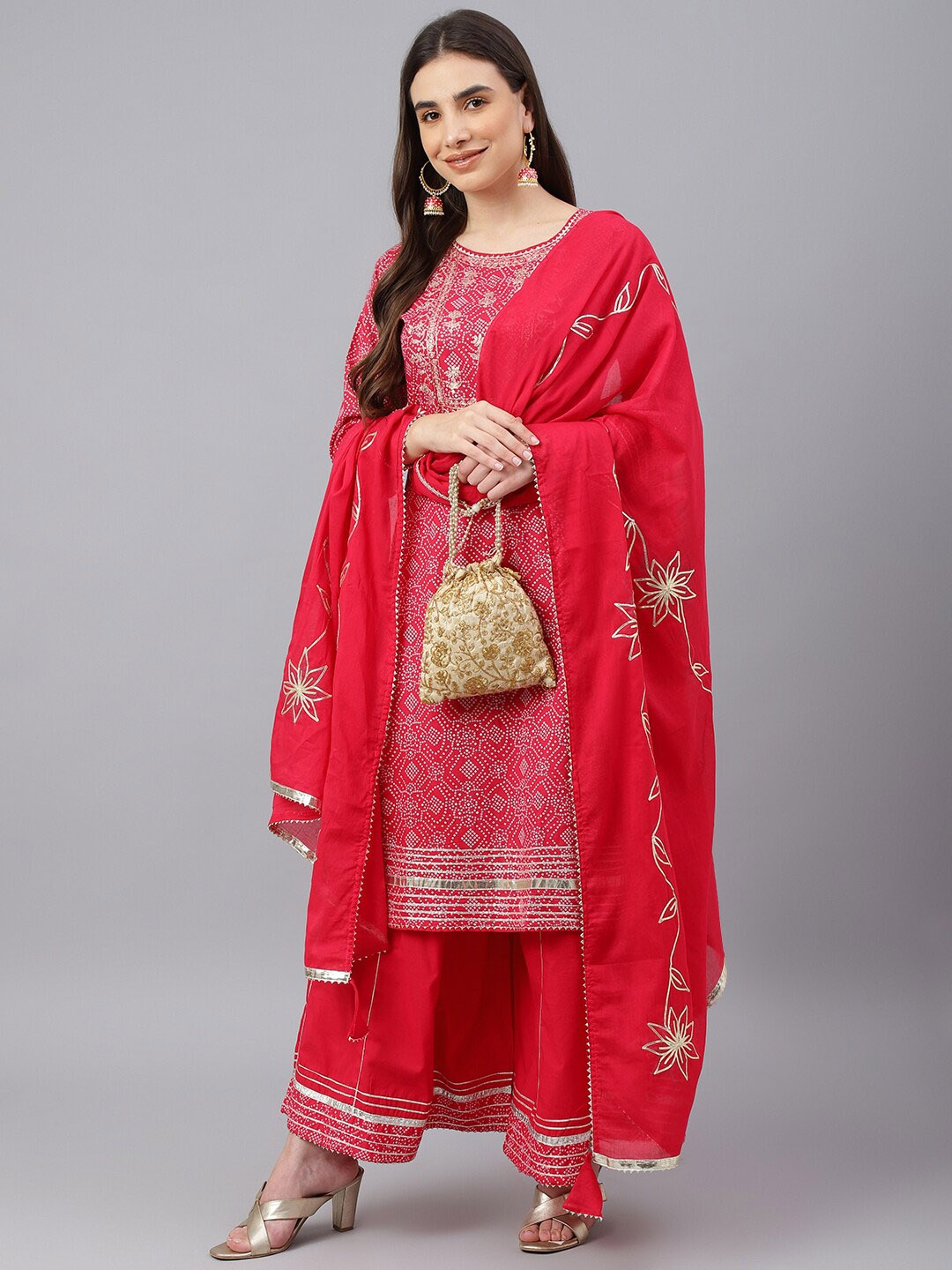 

EtnicaWear Women Bandhani Printed Pure Cotton Kurta with Pyjamas & With Dupatta, Pink