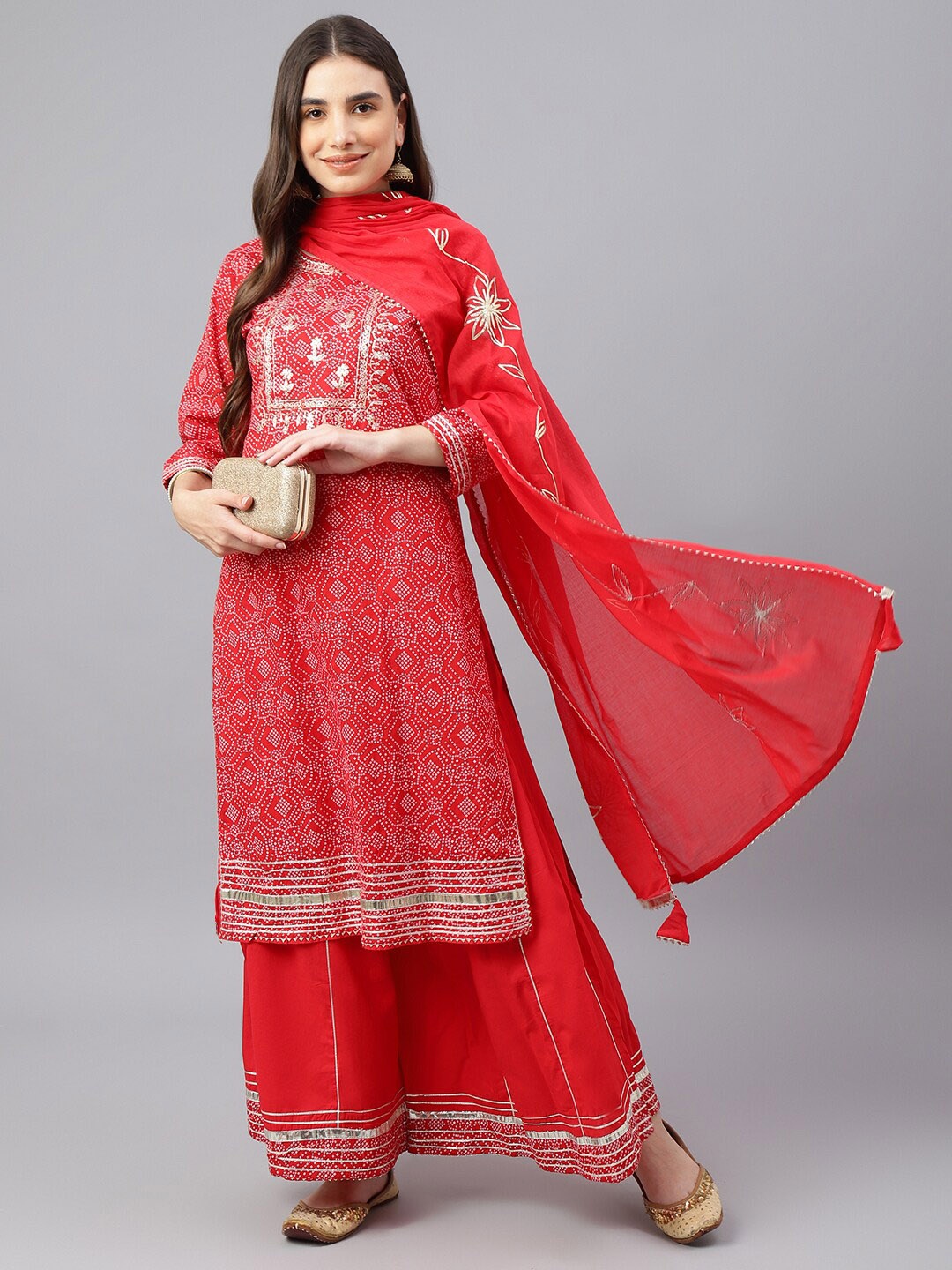 

EtnicaWear Women Red Bandhani Embroidered Cotton Kurta with Palazzo & With Dupatta
