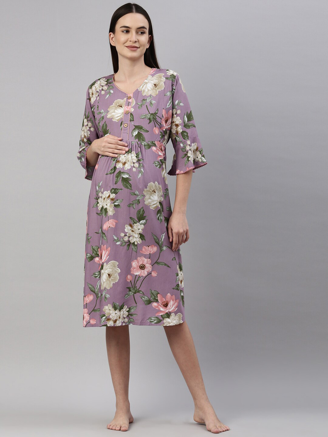 

GOLDSTROMS Magenta & Green Floral Maternity Midi Gown Dress