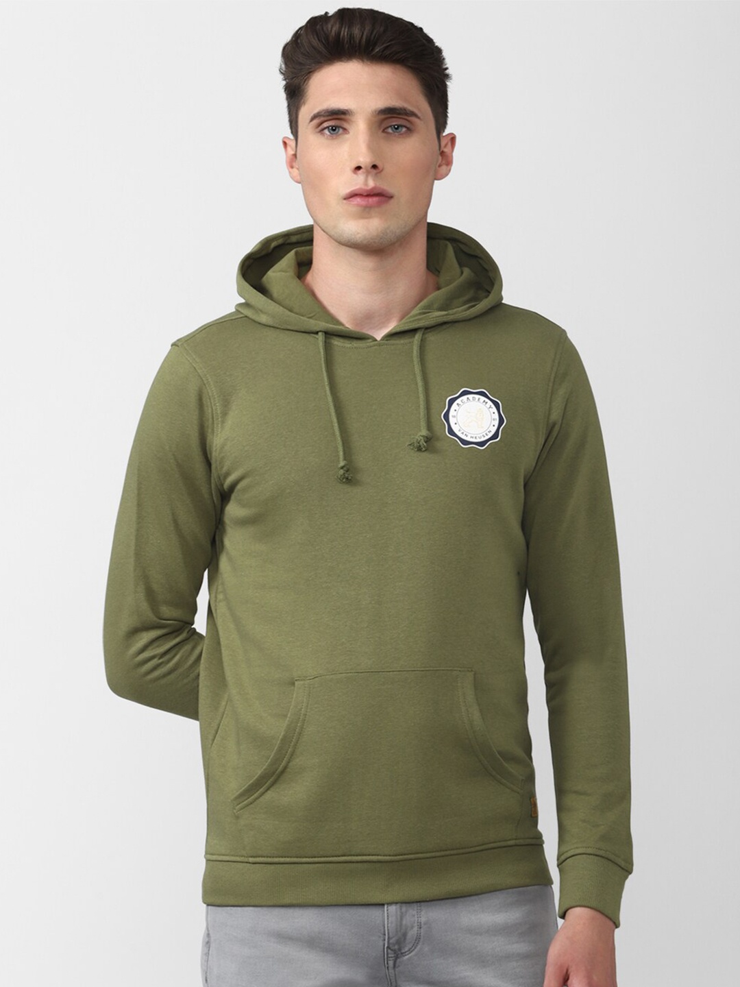 

Van Heusen ACADEMY Men Olive Green Printed Hooded Sweatshirt
