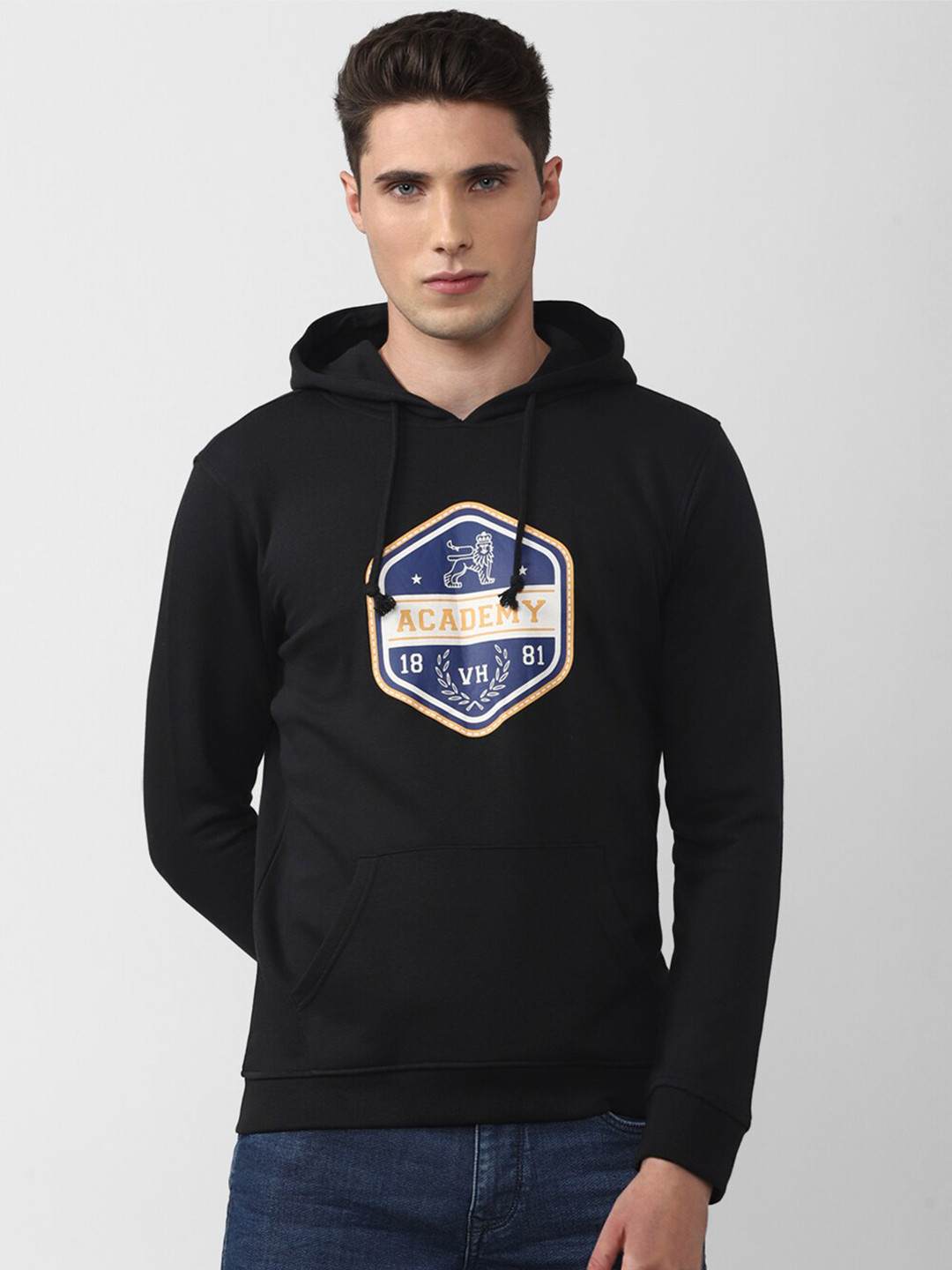 

Van Heusen ACADEMY Men Black Printed Hooded Sweatshirt