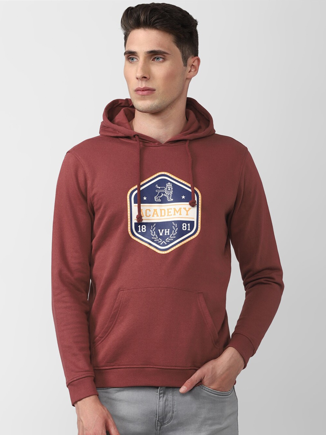 

Van Heusen ACADEMY Men Maroon Printed Hooded Sweatshirt